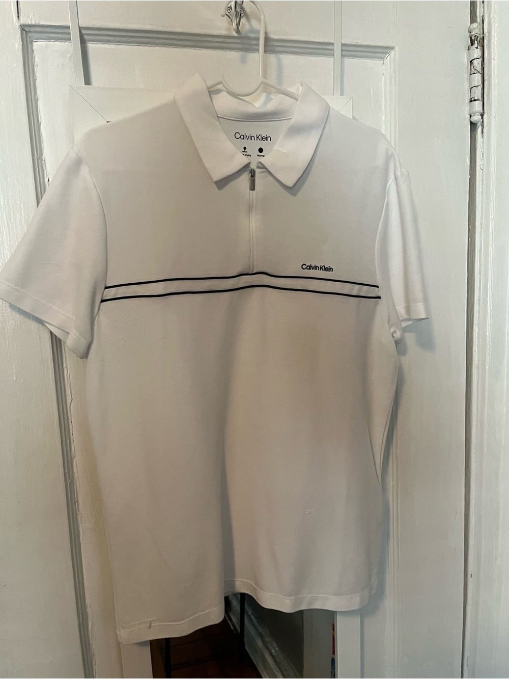 Calvin Klein Men’s White Quarter Zip Shirt with Contrast Stripes